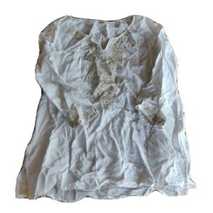 Symple NYC Women's Blouse Tunic White Linen Tan Embroidery 3/4 Sleeve Med